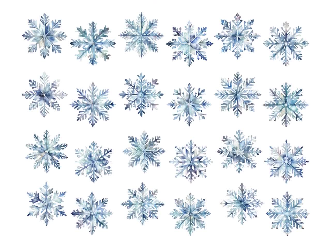 雪の結晶の水彩画のクリップアート、デジタルダウンロード、クリスマスの雪の結晶のクリップアート、青い降るクリスマスの雪、冬のグラフィック商用利用 PNG  - Etsy 日本, image size:1280x958