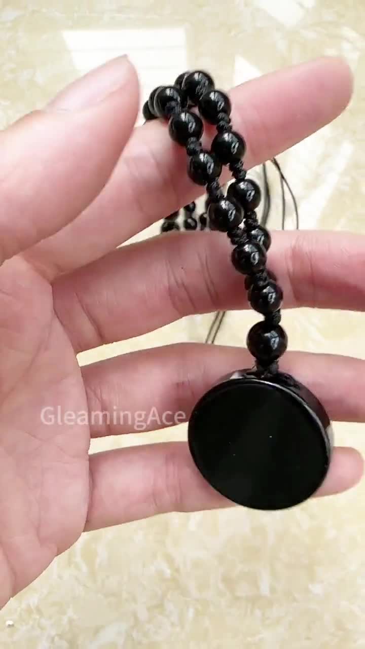 Black Obsidian Mirror Pendant Necklace, Crystal Round