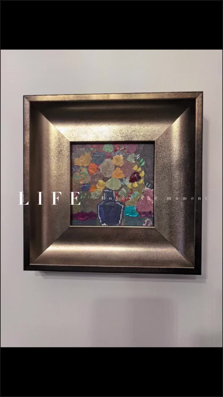 オリジナルの花の抽象画：青い花瓶、ヴィンテージゴールドフレーム