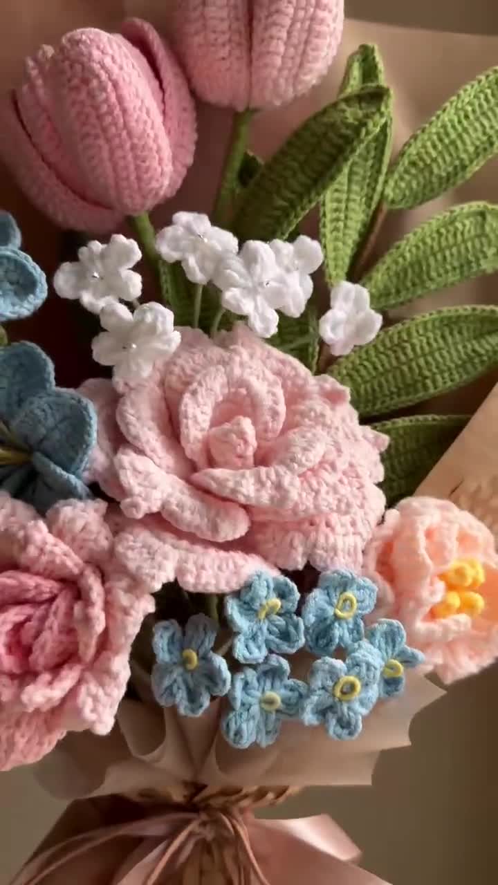 Handmade Crochet Flower Bouquet: Knitted rose tulip, Everlasting