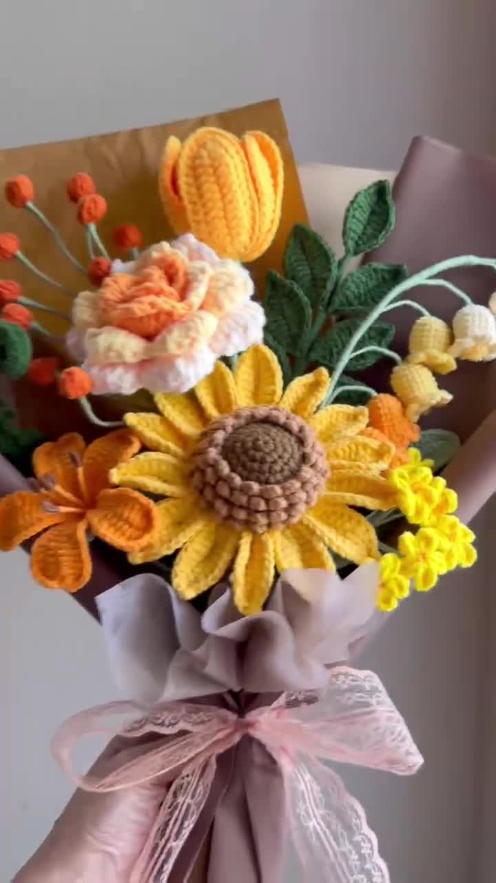 かぎ針編みのひまわりの花束：卒業祝い、誕生日、先生、ガール