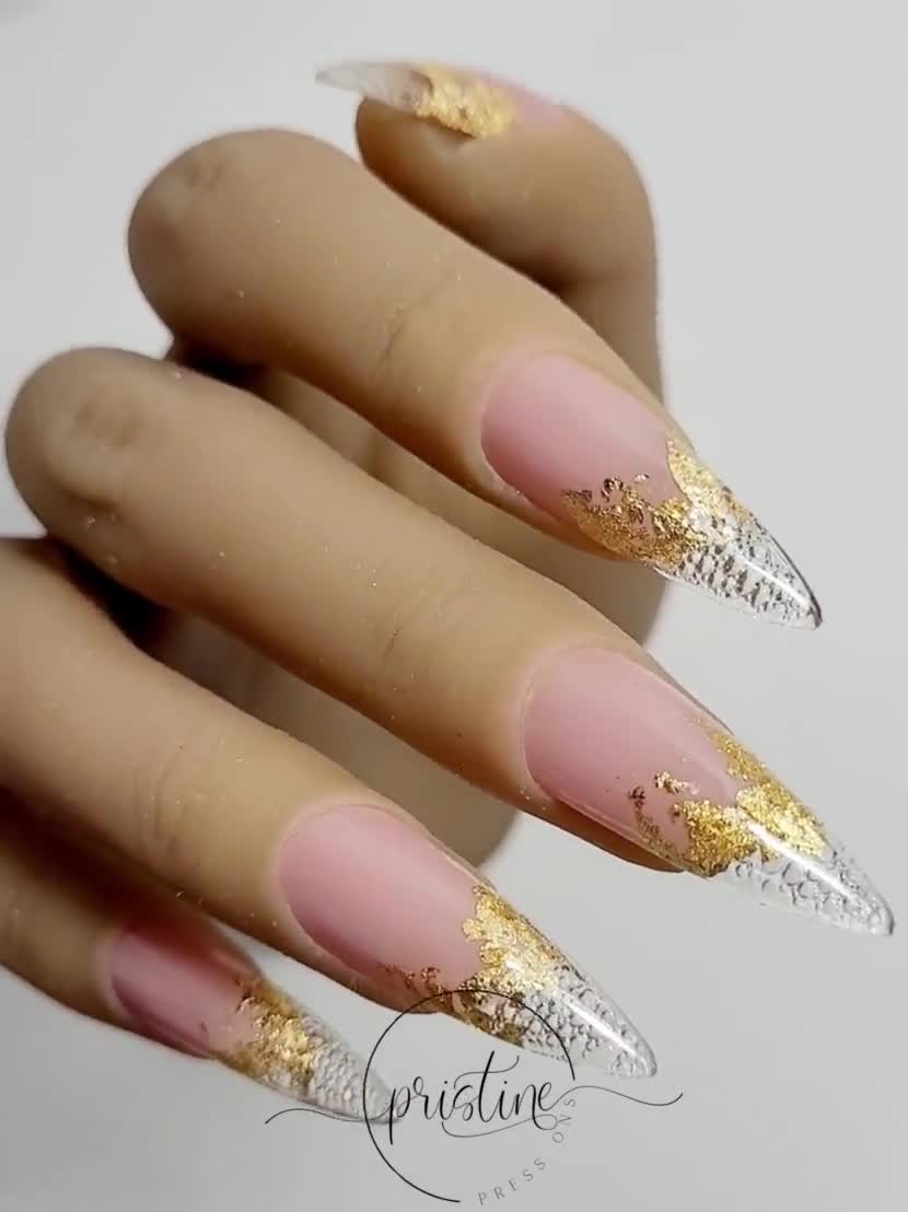 Luxury Wedding Nails Blush Pink With Gold Foil Flakes and Bubble Clear Tips  Press on Nails Set of 10 