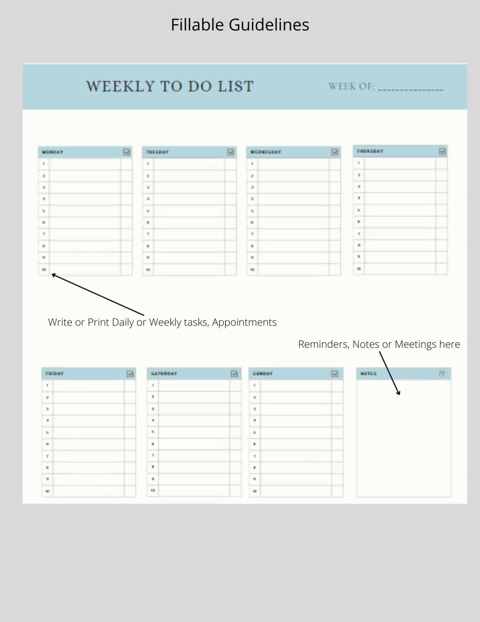 Printable Weekly To Do list Template, Weekly Agenda, Week At A Glance  Template, Week On One Page