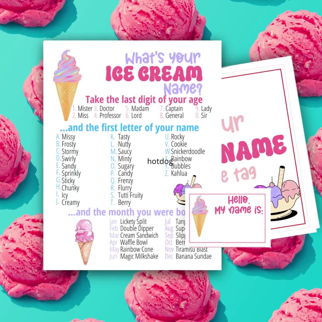  What's Your Ice Cream Name Game Sign with Name Tag Stickers for  Baby Shower, Baby Shower Decorations, Birthday Party Game, Baby Shower  Games Fun for Adults & Kids Family Class Office