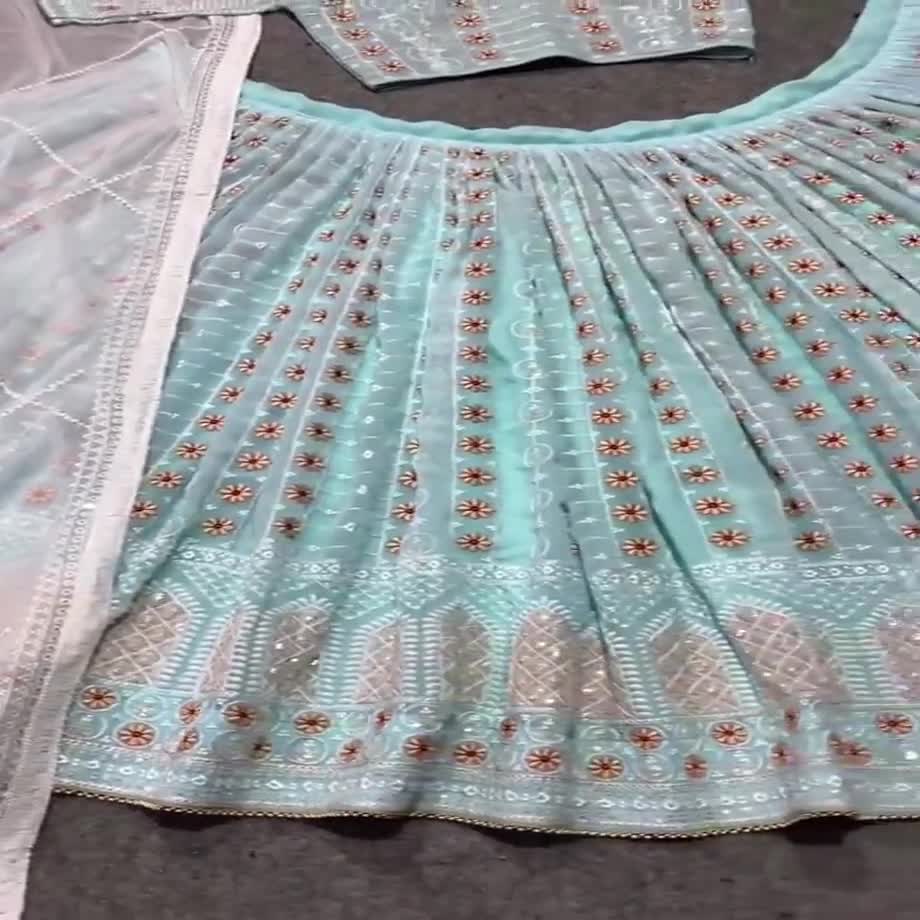 Buy Aqua Blue Velvet Embroidered A - Line Lehenga Online : India -