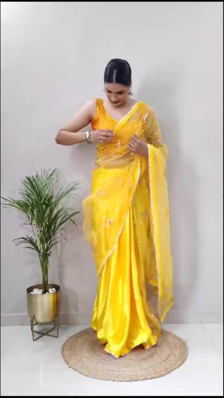 New Yellow Party Wear Saree Designer Saree for Women Satin Silk Saree 1 Min  Ready-to-wear Saree Wedding Saree With Stitched Blouse Sari -  Denmark