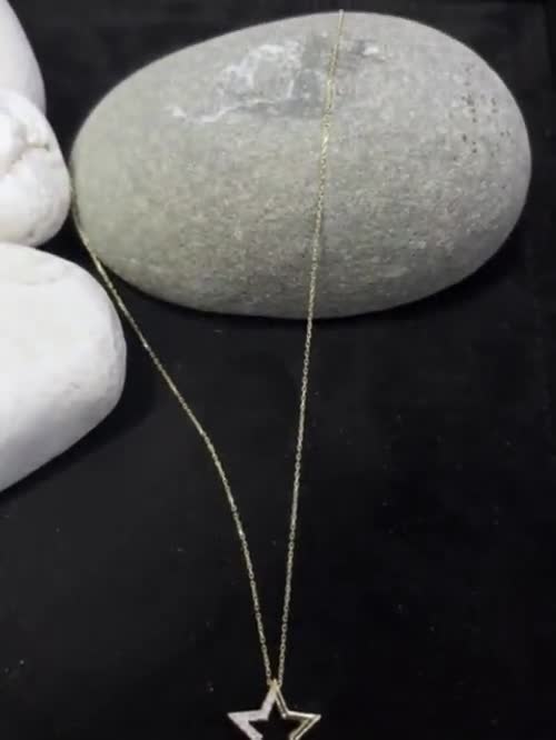 14k Gold Open Star Necklace With Zircon Stones, Star Pendant