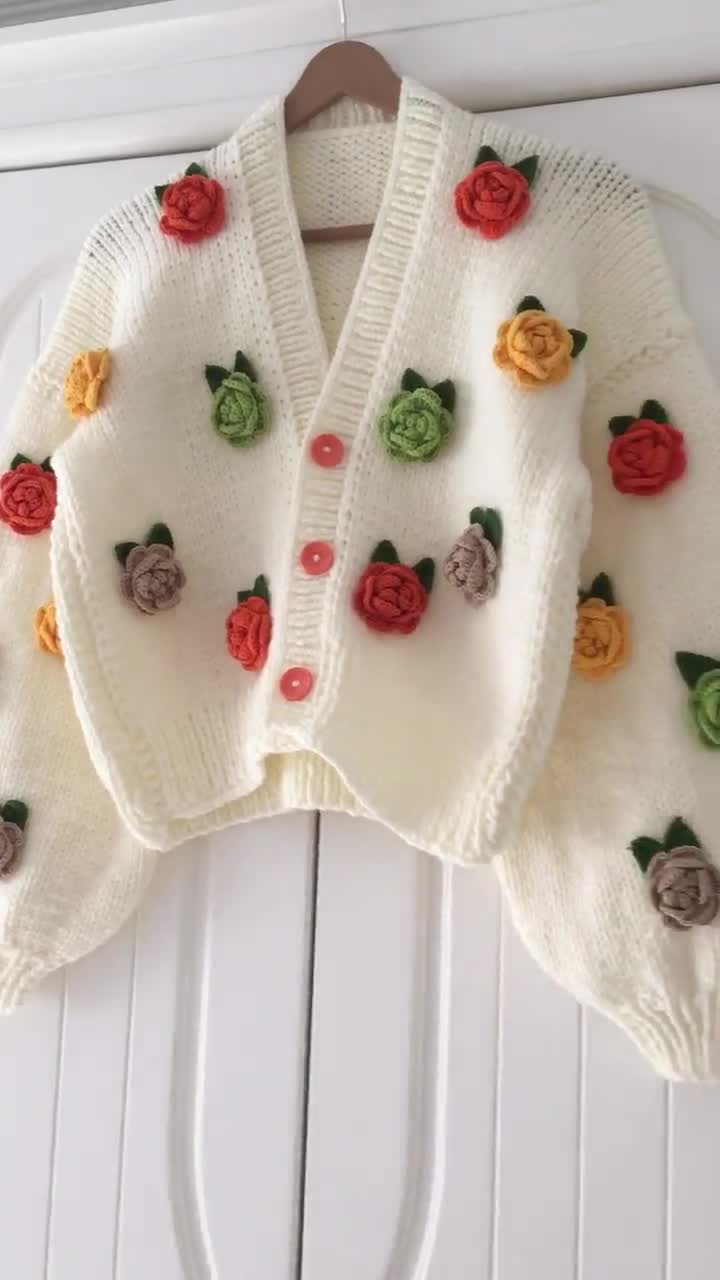 Rose flower motif cardigan 【white】 Buy Pink Roses White Cardigan,gift, Gift for Women, Cardigan