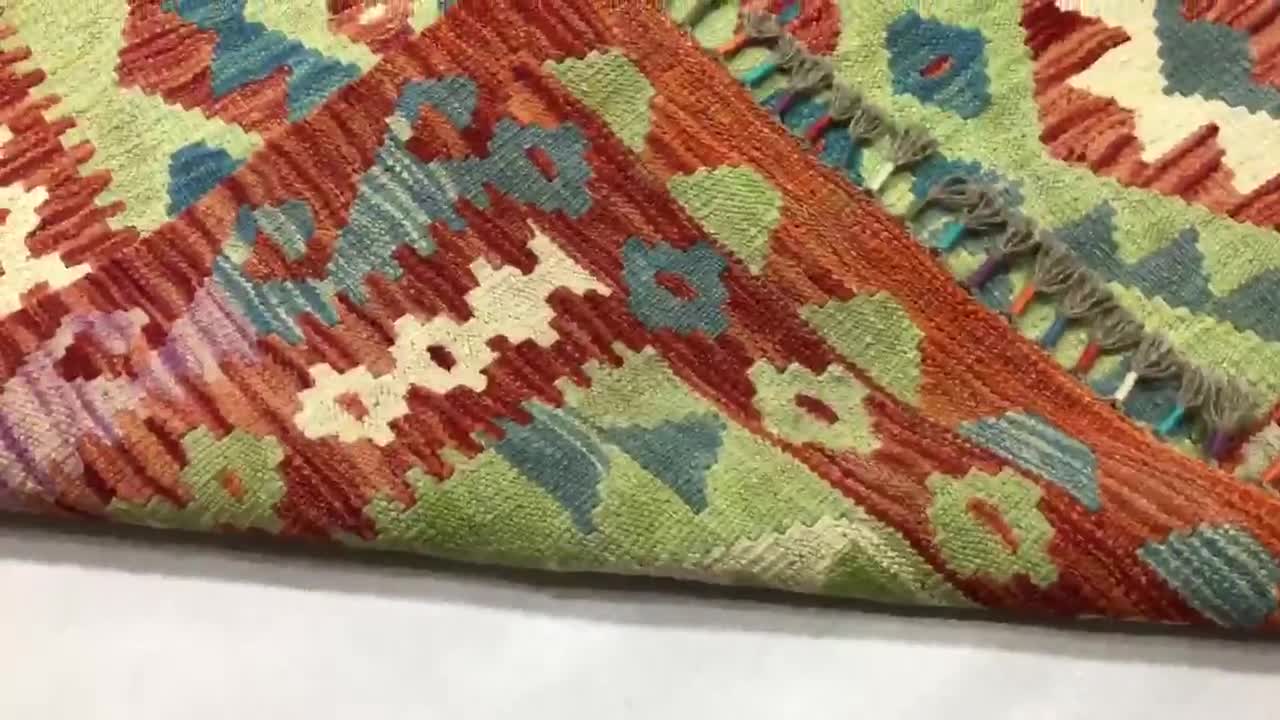 7x10 アフガニスタンキリムラグ：グリーンブルーフラットウィーブ