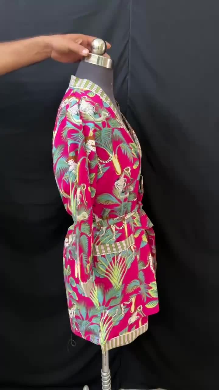 Cotton Pajama Set | Monkey Print Kimono Robe, Camisole & Shorts video poster