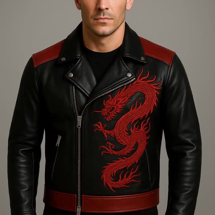 Embroidered Dragon Vegan Leather Biker Jacket, Handmade Statement