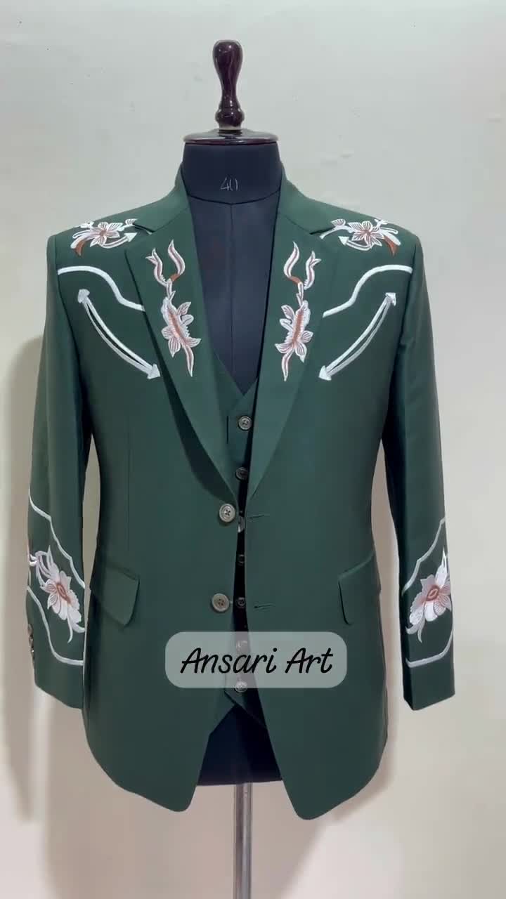 Men’s Designer Green 3Pc Bespoke Country Western Pantsuit – Floral Embroidered Statement Outfit for Groom, Prom, Wedding, Cowboy Nudie Set video poster