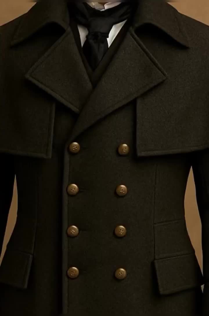 Men's Gothic Victorian Military Wool Trench Cape Overcoat