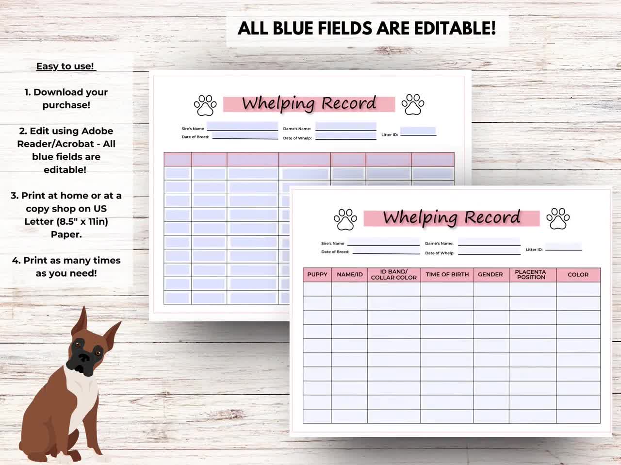 Dog Whelping Record Editable PDF, Breeder Records, Dog Breeder Forms |  Instant Download