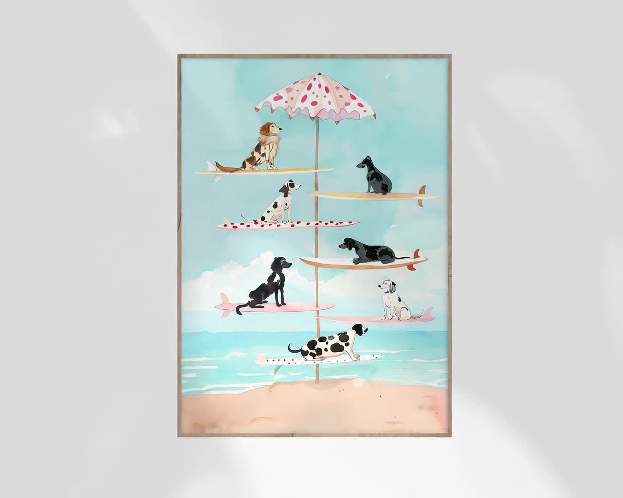 Whimsical Surfing Dog Carousel | Fanciful Dog Lover Art | Fun Whimsical  Painting | Coastal Beach Waterdogs | Colorful Pastel Watercolor, image size:1280x1024