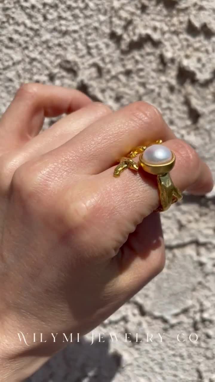 EMBRACED White Pearl Ring Intricate Branch Band Adjustable 10x10mm 24k Gold  Plated Gold Brushed Finish 