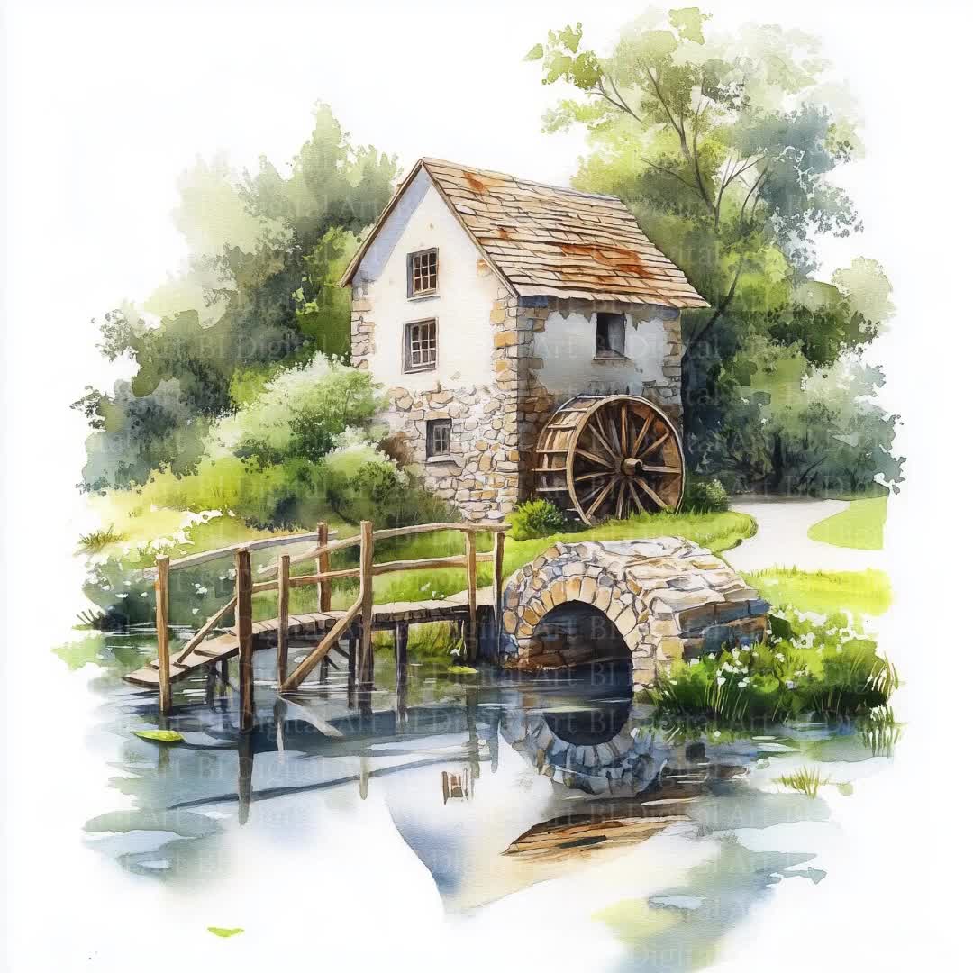 水彩画風水車小屋のクリップアート、風景イラスト（デジタル