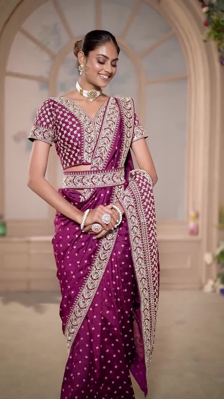 Wine Russian Silk Saree With Pleated Beautiful Sari Designer Saree Indian  Wedding Saree GIFTS for HER sarees With Blouse 