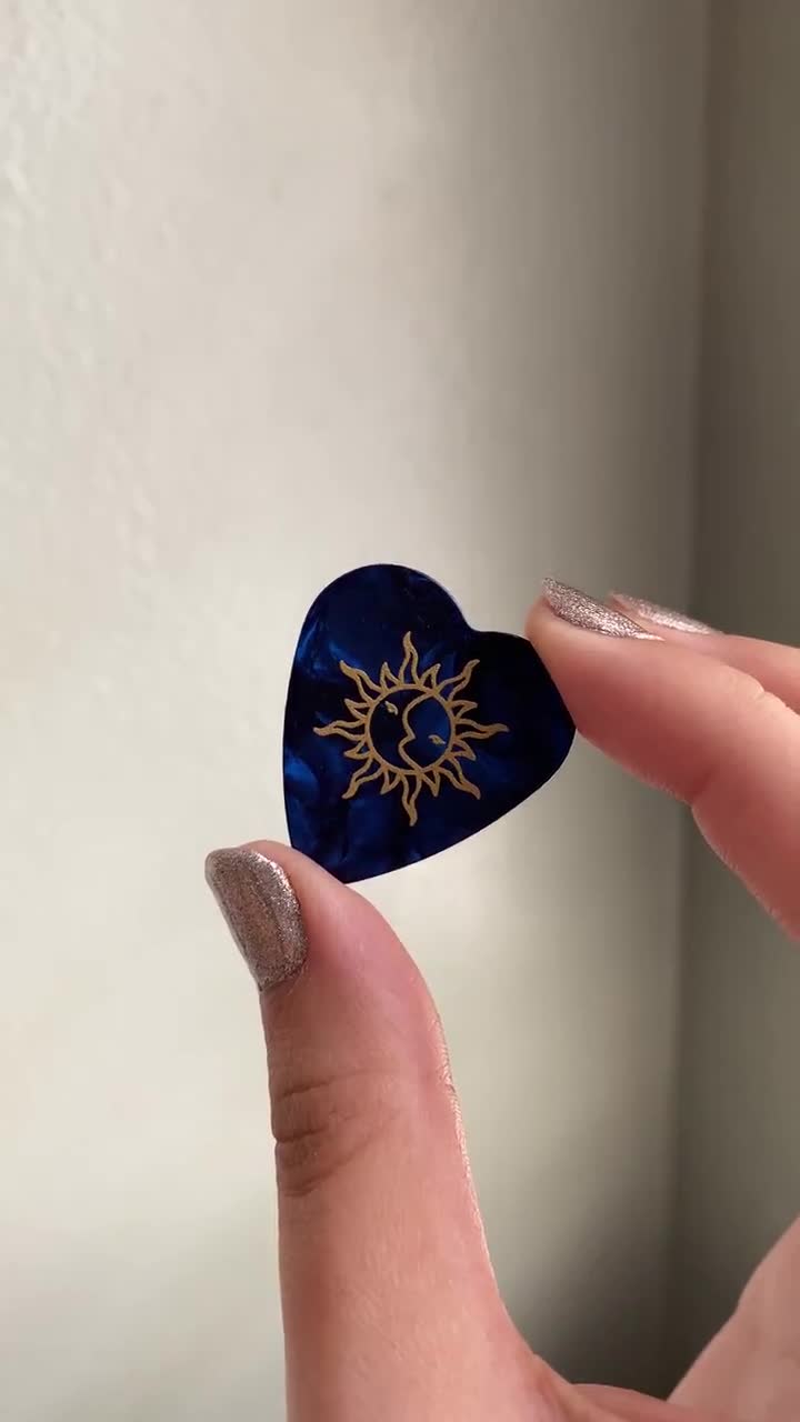 Witchy Sun and Moon Guitar Pick Pack | Blue Pearl Celluloid Heart Picks |  Medium Gauge | Unique Gift For Musicians, Guitarists