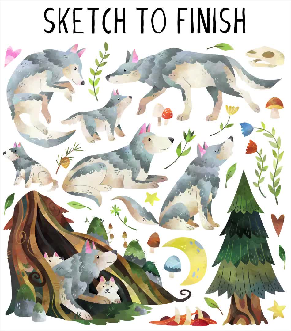 Watercolor Wolves Clipart: 33 PNG Images (digital Download) - Etsy, image size:950x1080