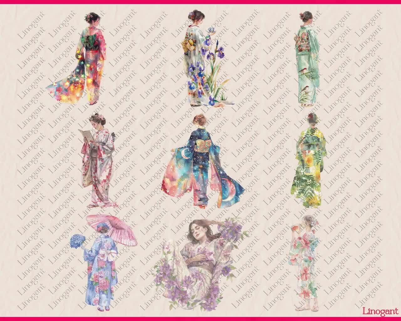 水彩画の着物姿の女性のクリップアート バンドル、花と葉の模様の日本