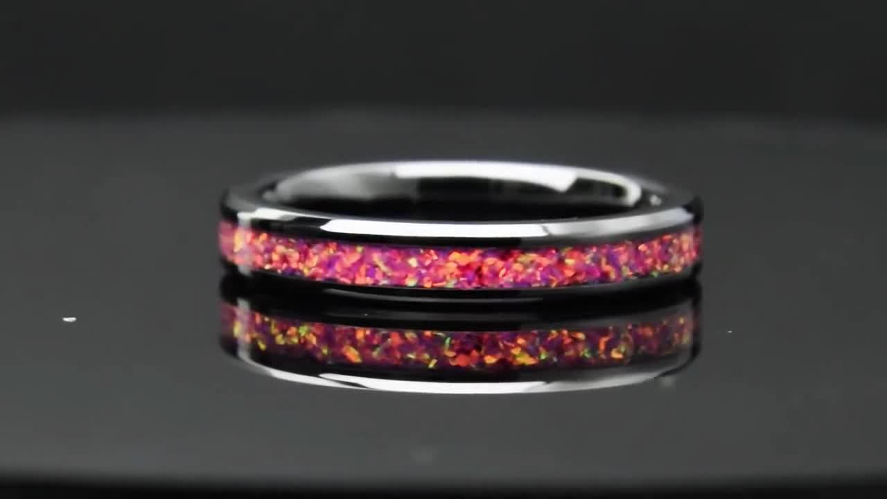 Fuchsia Opal Inlay buy Ring in Black Ceramic, Women's, Men's, Wedding, Engagement, Anniversary