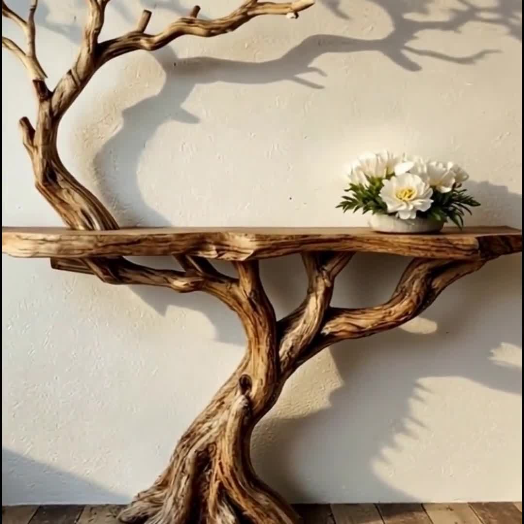 Mesa consola de madera, rama de árbol natural, madera flotante, mesa de entrada, estantería flotante, muebles rústicos hechos a mano video poster