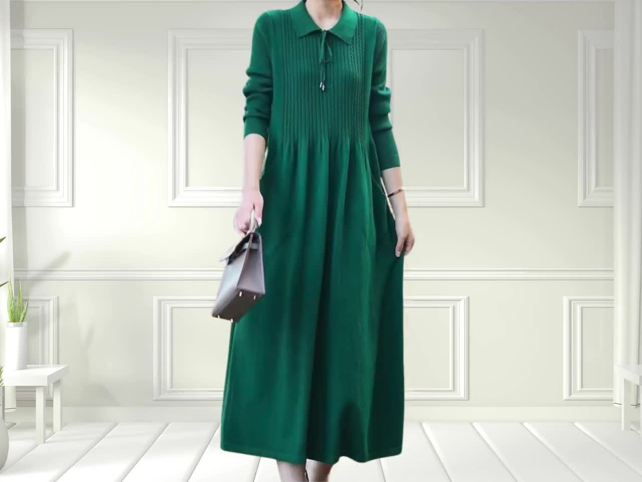 Woolen Knit Dress with Pockets: Loose Fit Polo Neck Sweater Dress