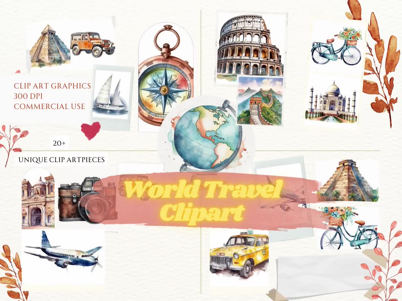 Watercolor Travel the World Clipart Bundle, Summer Vacation Clipart,  Adventure Clipart, Holiday, Traveling, planner clipart, travel clipart, image size:1280x958