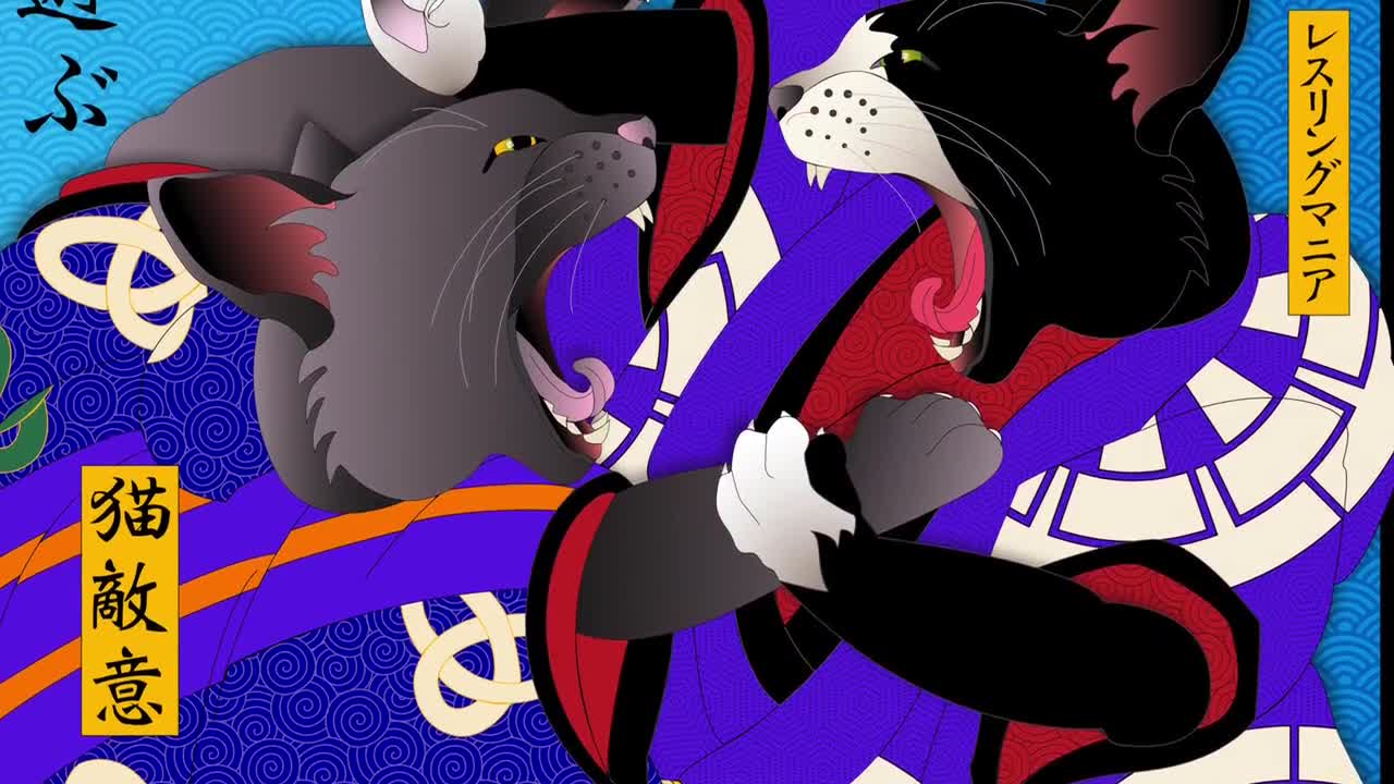 WRESTLEMANIA, Metal or Giclee Art Print, Cat Print, Japanese culture, Samurai, Cat Tales, sumo wrestlers, kedi, tokyo, cat fight, ukiyo-e, 猫 video poster