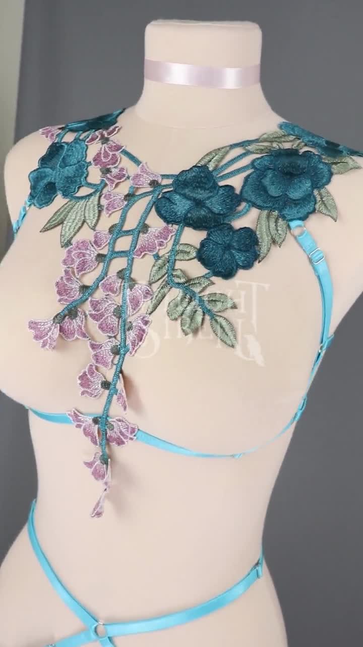 Peacock Blue Teal Lace Body Harness Set / Floral Lace Harness