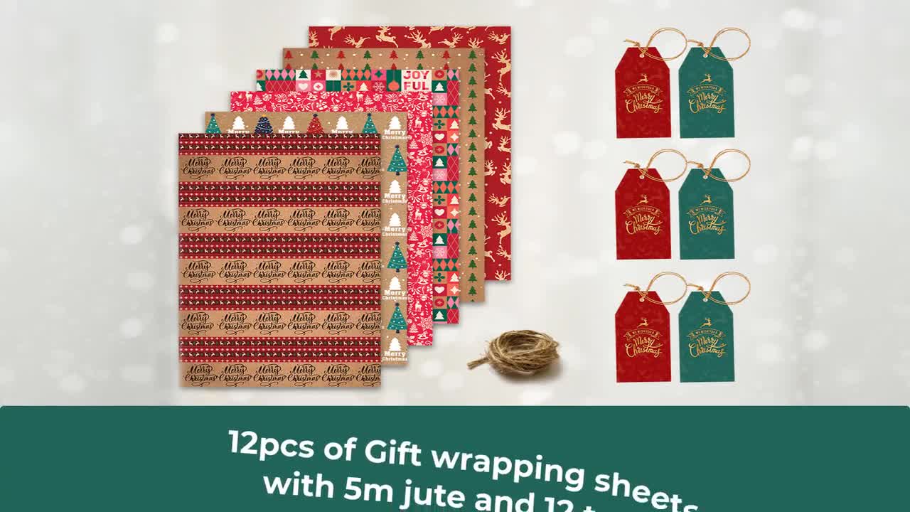 Christmas Gift Wrapping Paper 6 Pcs,kraft Paper 70x50cm With 6 Unique  Designs,with Jute String And