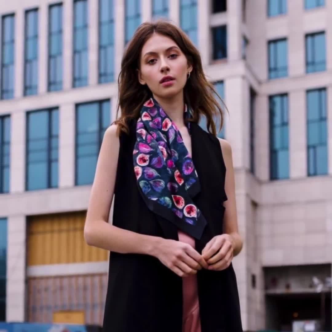 Sciarpa In Seta Con Stampa Artistica - Scialle 70x180 Cm, Reversibile, Regalo Elegante Con Sacchetto