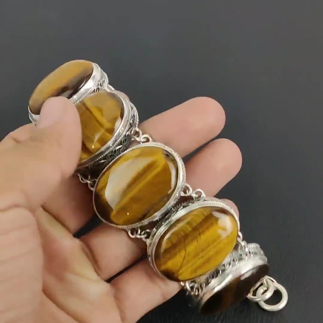 VINTAGE ブレスレット925 SILVER TIGER EYE Vintage Sterling Silver Filigree Tiger's Eye Stone Bracelet