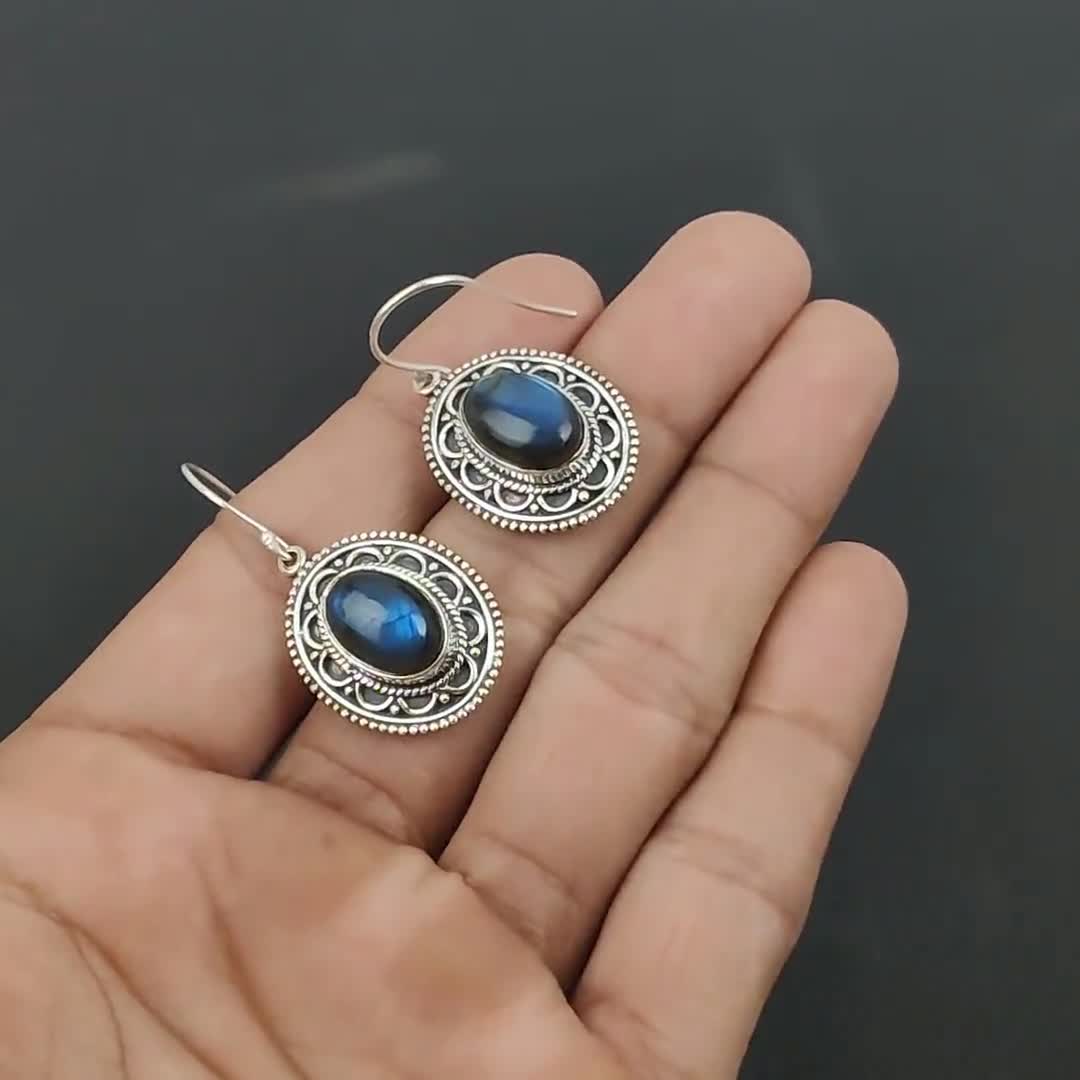Orecchini Pendenti In Argento 925 Con Labradorite Blu Fatti A Mano Donna