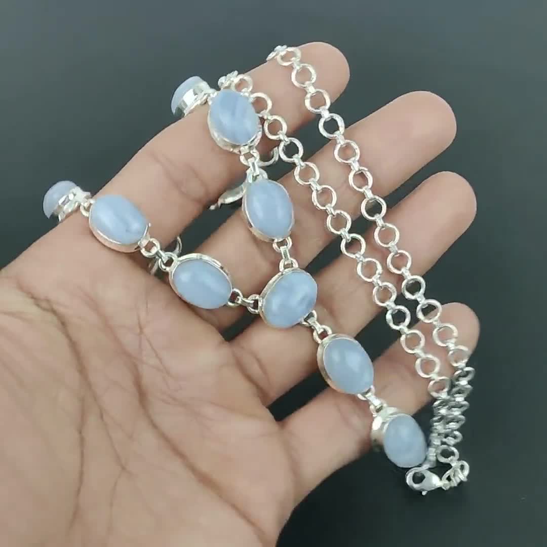 【匿名配送】agate レース調ネックレス ブルーレースアゲートネックレス：ハンドメイド925スターリング