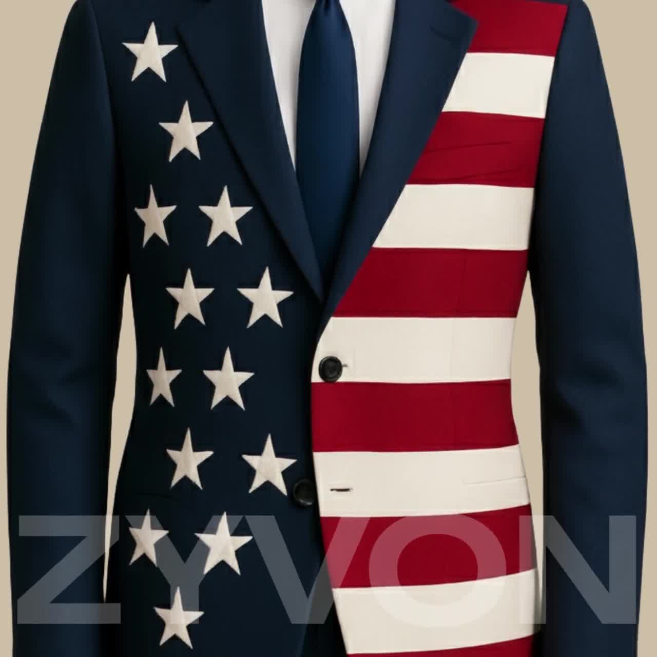 American Flag Suit – Patriotic Blazer & Navy Pants, 4th of July