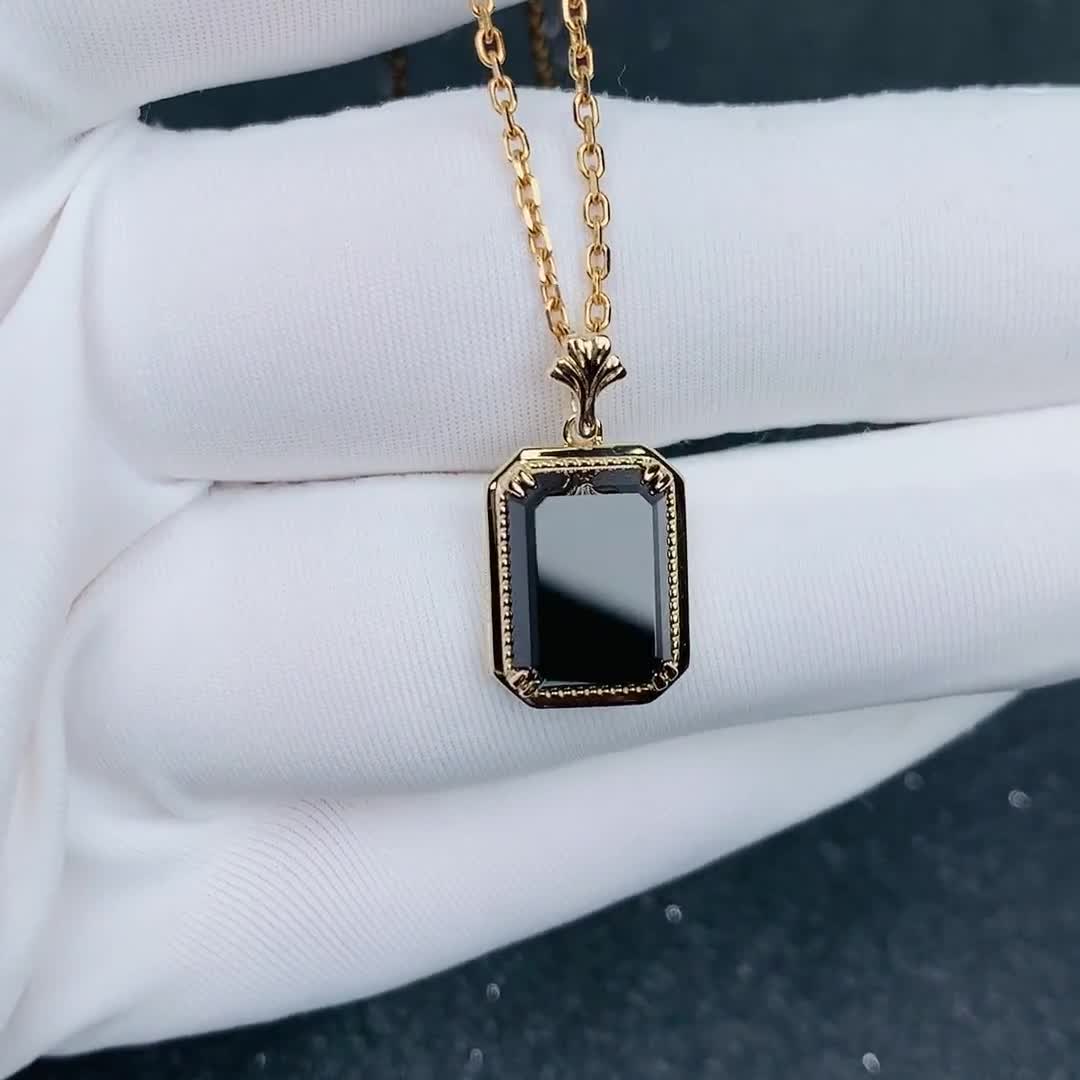 Vintage Black Onyx Pendant Necklace 14K/ 18K Solid Rose Gold 
