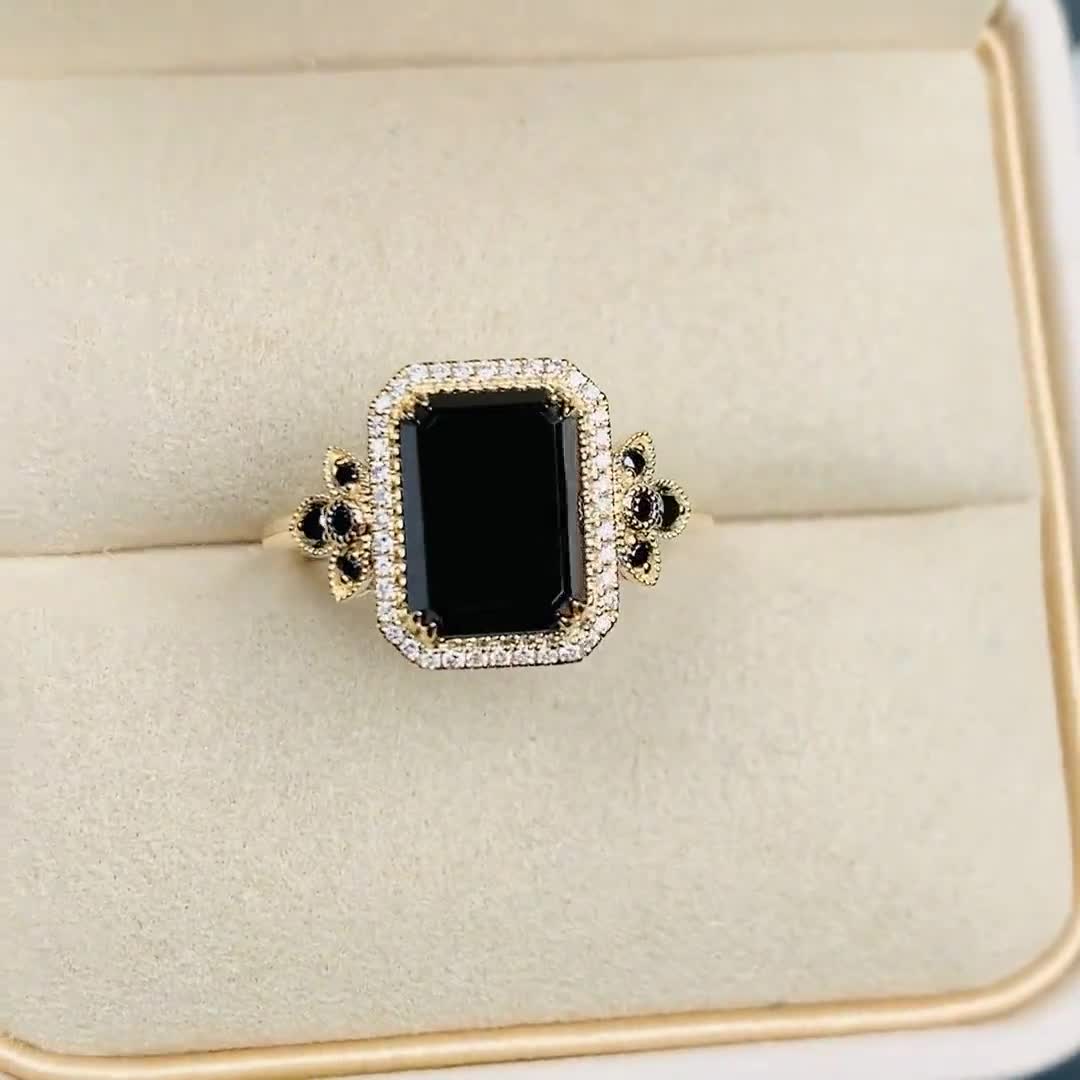 エメラルドカット ブラックオニキス エンゲージリング ソリッド 14K