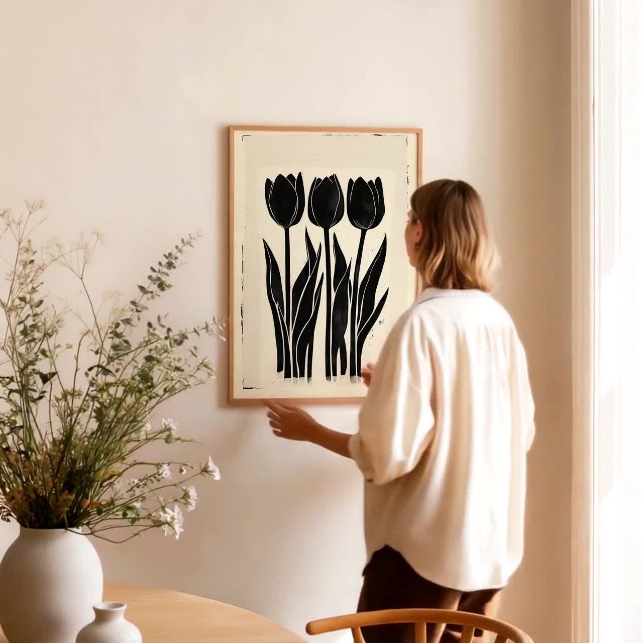 Modern Tulip Art Print: Black & Beige Botanical Decor video poster
