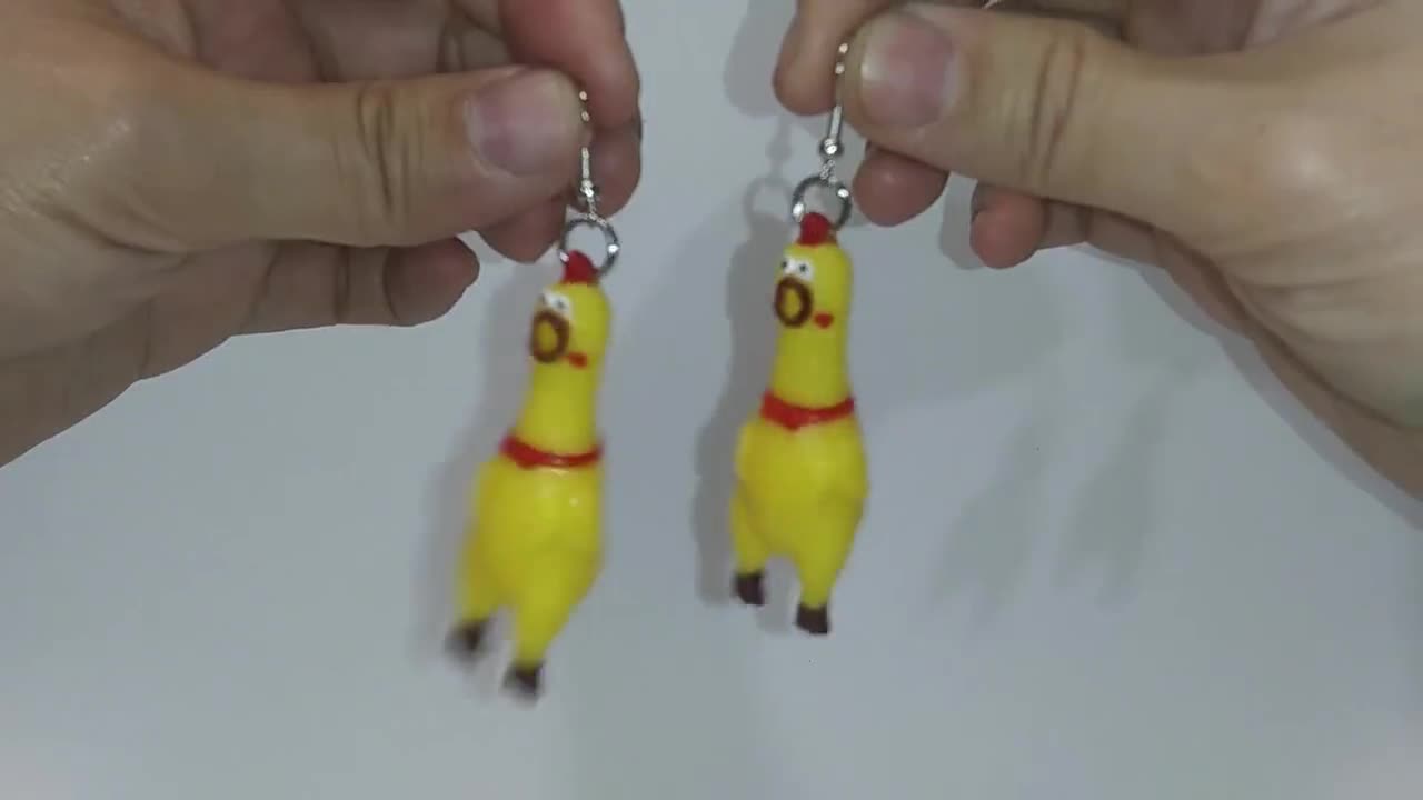 Fun Rubber Chicken Dangle Earrings, Squawking Rooster Jewelry