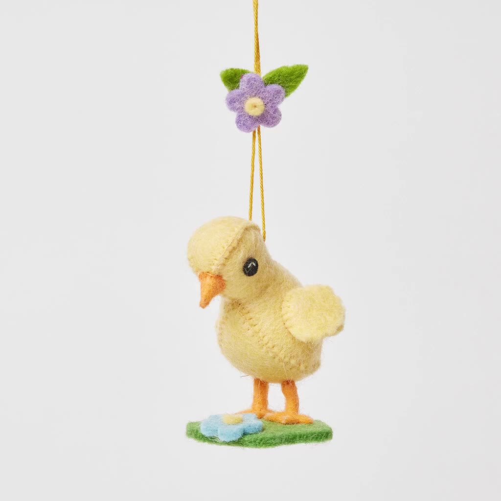 Yellow Spring Chick with Grass and Flowers, Hand Felted Chicken Ornament,  Handmade Easter Charm