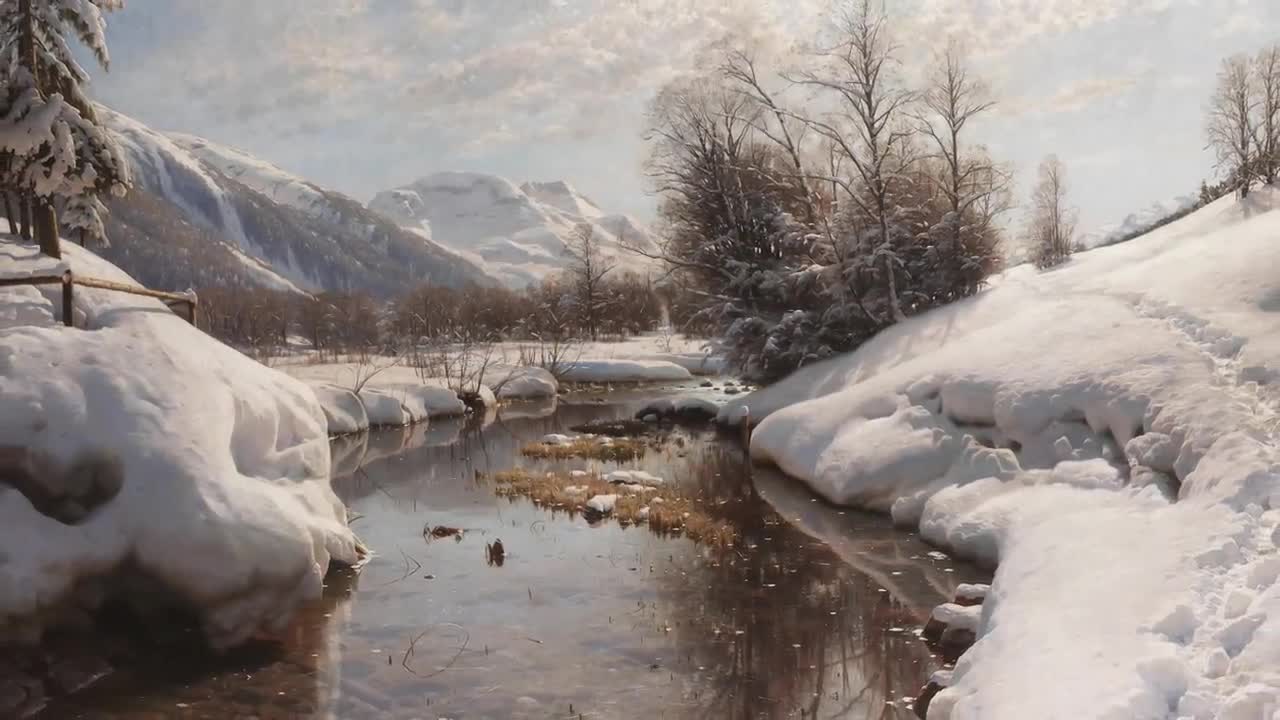 ヴィンテージ冬景色油絵：雪に覆われた湖畔の家のアート（デジタル