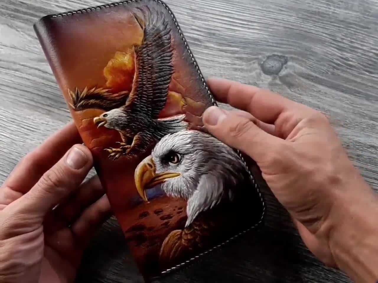 Genuine Leather Bifold Wallet American Bald Eagle Black ID C