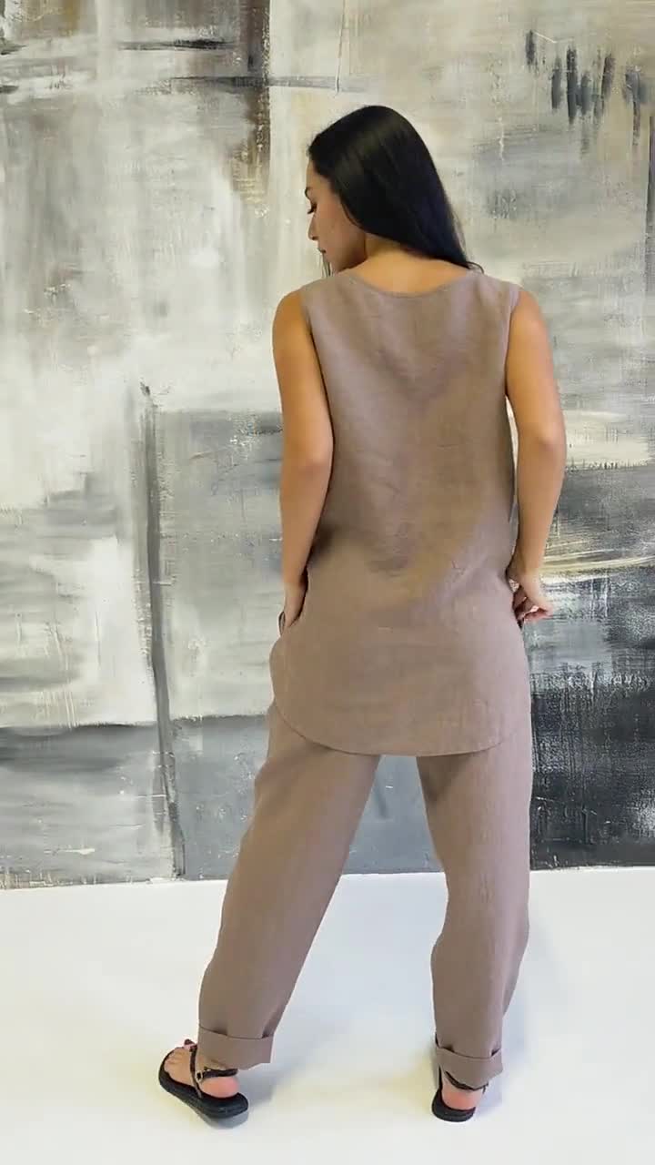 Conjunto de top y pantalones de lino, Conjunto de lino para mujer, Conjunto  de salón de lino, Ropa de salón de lino, Pantalones de salón de lino,  Pantalones de lino sueltos, Traje