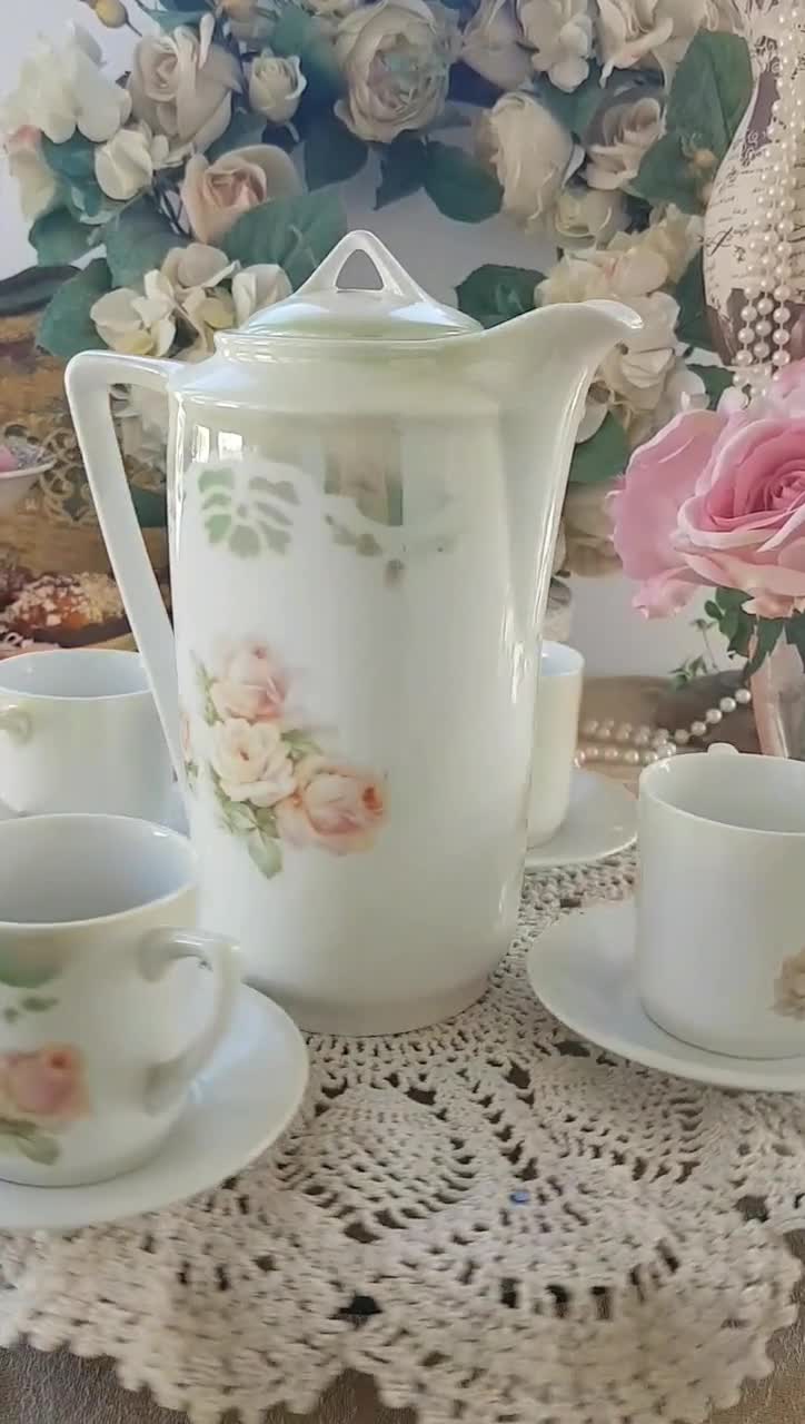 Antique Chocolate Pot Set With 4 Matching Tea Cup and Saucer, Hot Cocoa Tea  Pot, Coffee Pot Set, 3 Crown China of Germany, 1909 1916 