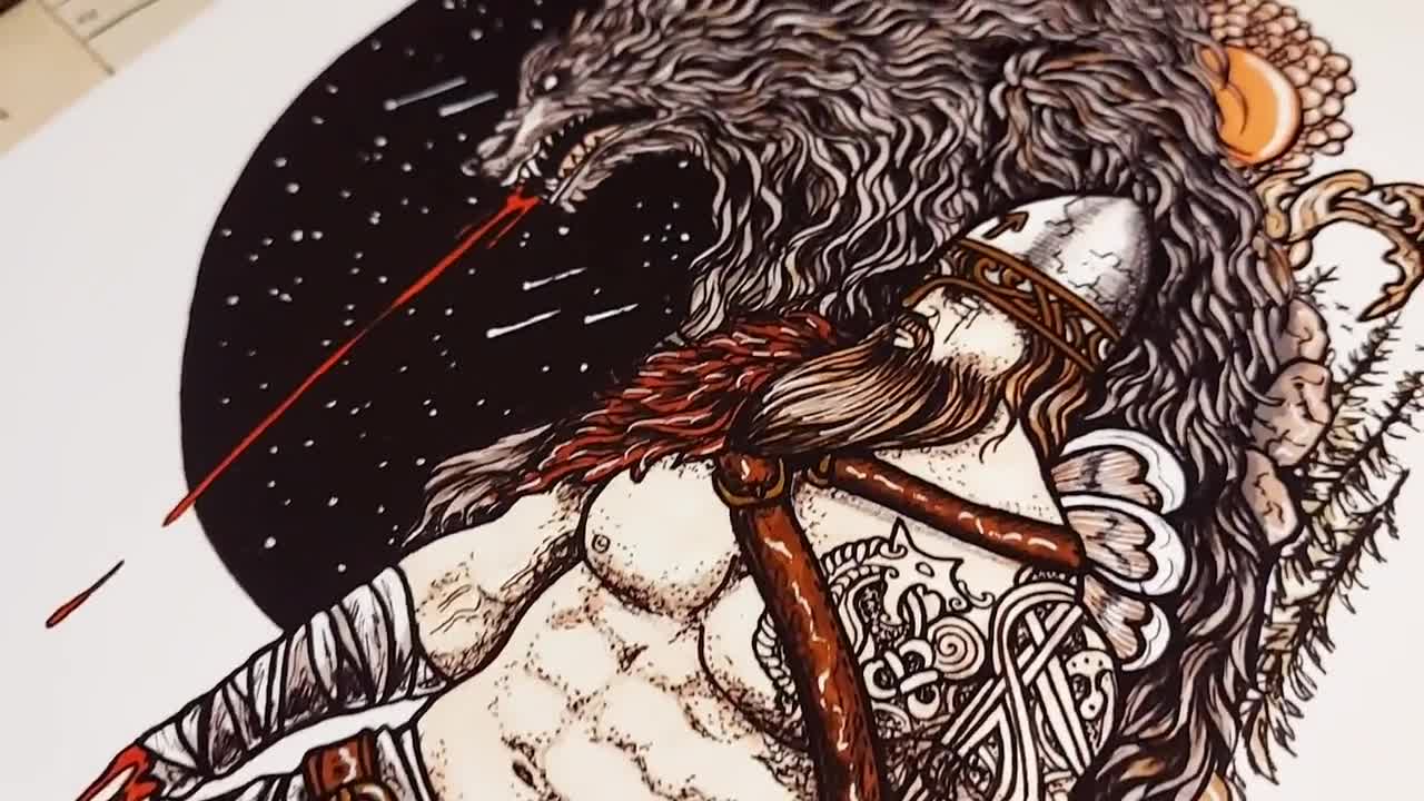 Tyr and Fenrir Hand Signed Print Norse Mythology 