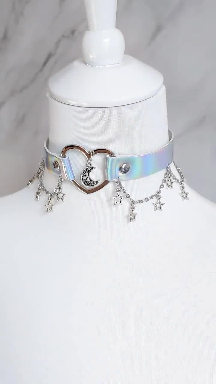 Pastel goth holographic choker necklace w. silvery stars and moon -  fairykei cosplay egirl eboy reflective jewerly unicorncore yumekawaii