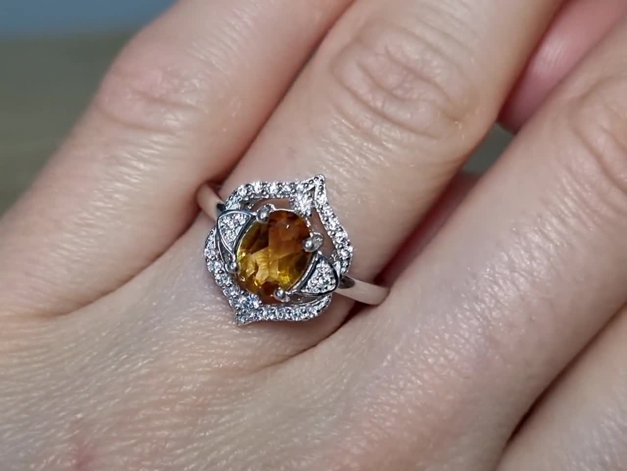 天然シトリン 8x6 宝石リング、金メッキ、スターリングシルバー