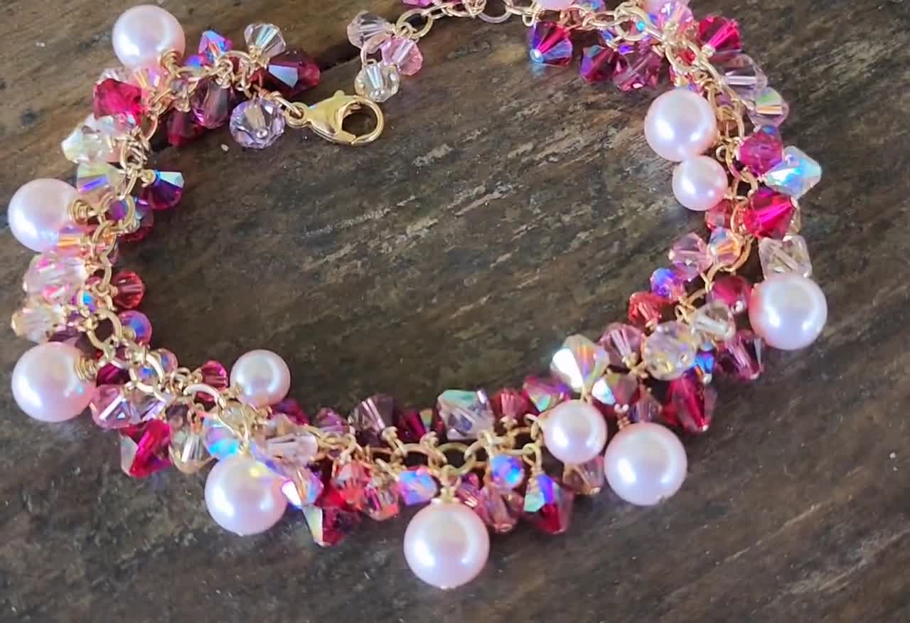 Buy Pink Pearl Bracelet With Ruby and Pink Topaz Crystal Elements, Gold  Filled July Birthday Cluster Mother of the Bride Wedding Jewelry Gift  Online in India - Etsy